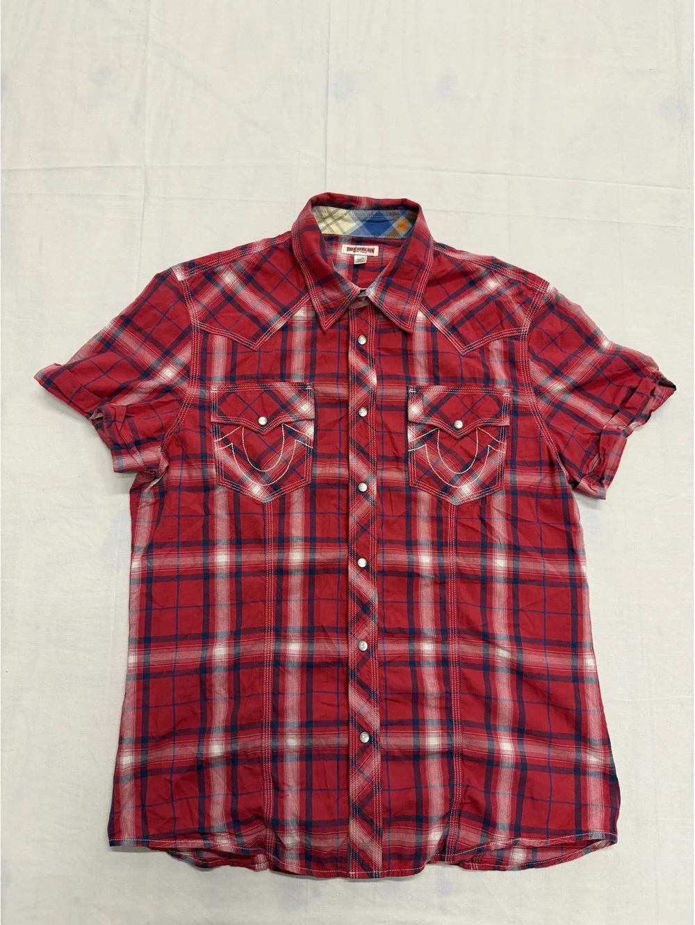 True Religion Men's Red Plaid Short Sleeve Western Shirt XL
